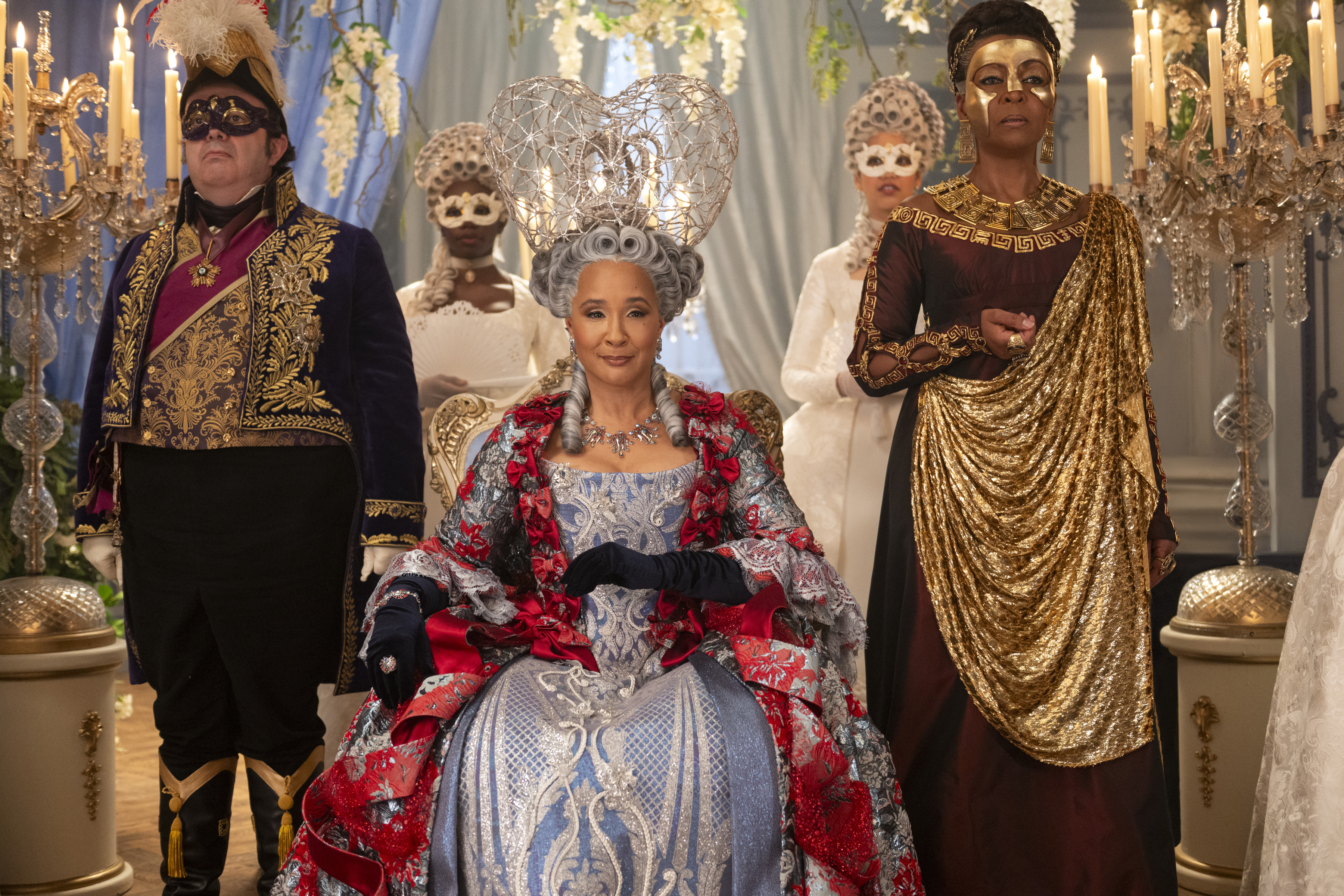 (From left) Hugh Sachs as Brimsley, Golda Rosheuvel as Queen Charlotte and Adjoa Andoh as Lady Danbury in the fourth season of "Bridgerton." (Liam Daniel/Netflix 2025)