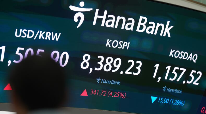 A dealer stands near the screens showing the Korea Composite Stock Price Index (KOSPI), the foreign exchange rate between U.S. dollar and South Korean won and the Korean Securities Dealers Automated Quotations (KOSDAQ) at a dealing room of Hana Bank in Seoul, South Korea, Wednesday, May 27, 2026. (AP Photo/Lee Jin-man)