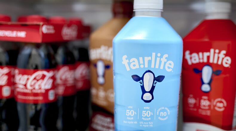 Fairlife ultra-filtered fat free, whole and chocolate milk are displayed on a grocery shelf in Germantown, N.Y. Fairlife, which uses a specialized filtering process to boost protein and cut sugar and lactose in its milk products, helped spark the modern protein craze that's unfolded alongside the rise of Ozempic and other GLP-1 drugs. (Gabby Jones/Bloomberg via Getty Images 2024)