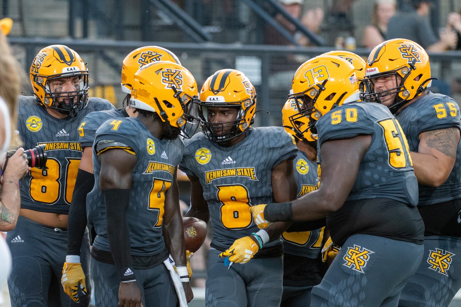 KSU's Tykeem Wallace celebrates after a touchdown. (Jamie Spaar for the Atlanta Journal Constitution)
