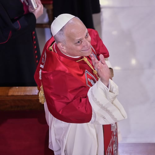 Pope Leo XIV meets the clergy at the Cathedral of the Holy Spirit, in Istanbul, Turkey, Friday, Nov. 28, 2025. (AP Photo/Domenico Stinellis)