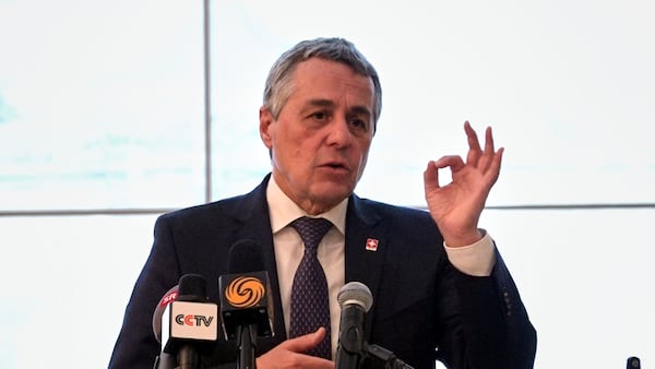 In this image taken from video, Swiss Federal Councillor and Foreign Minister Ignazio Cassis speaks during a press conference in Beijing, China, Thursday, April 24, 2025. (AP Photo/Borg Wong)