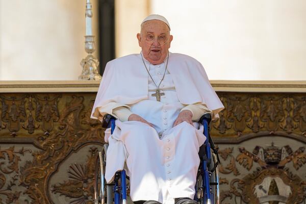 FILE - Pope Francis arrives at the end of a mass in St. Peter's Square at The Vatican, Sunday, April 6, 2025, part of the jubilee of the sick and the health workers. (AP Photo/Andrew Medichini, File)