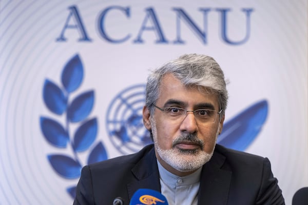 Ali Bahreini, Iran's ambassador in Geneva, speaks to journalists during a press conference at the European headquarters of the United Nations in Geneva, Switzerland, Wednesday, June 18, 2025. (Martial Trezzini/Keystone via AP)