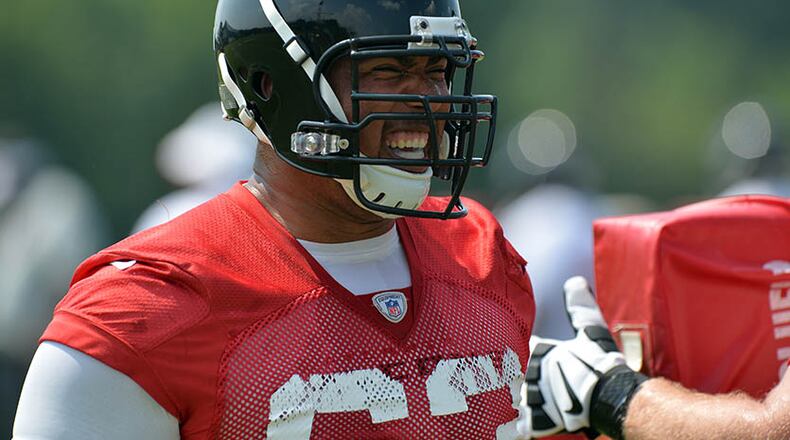 Falcons starting left guard Justin Blalock missed Sunday's against the Giants with a back injury.