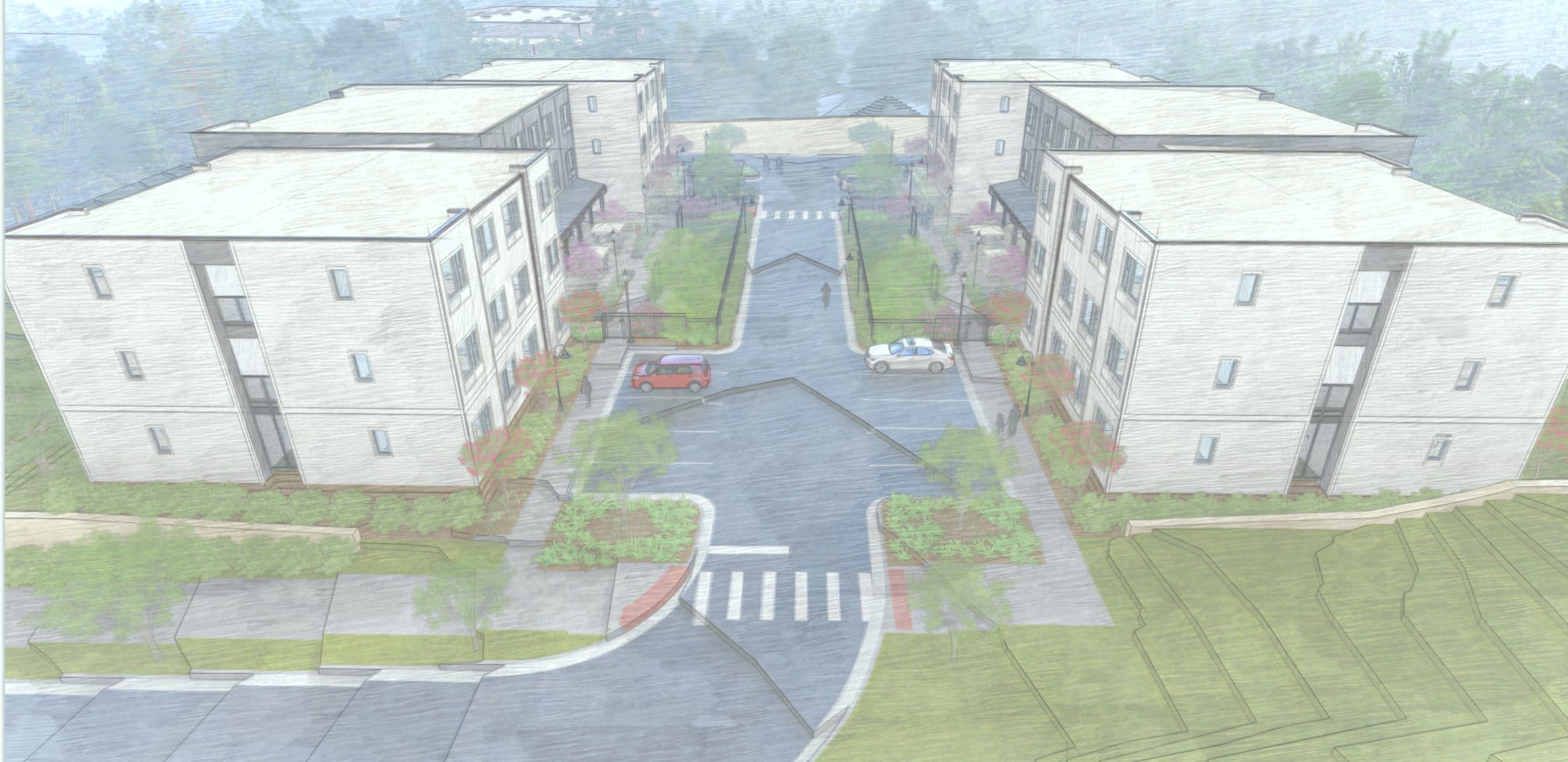 These two buildings are part of a development that will house about 100 formerly homeless individuals in modular units, the developer said.