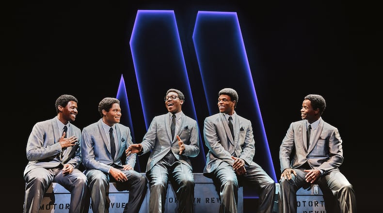 From left, Marcus Paul James, Jalen Harris, Elijah Ahmad Lewis, Harrell Holmes Jr. and James T. Lane play the Temptations in “Ain’t Too Proud” at the Fox Theatre. 
Courtesy of Emilio Madrid.