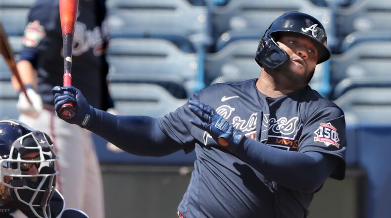 Atlanta Braves infielder Pablo Sandoval hits during the spring training opening game Sunday, Feb. 28, 2021, against the Tampa Bay Rays at Charlotte Sports Park in Port Charlotte, Fla. (Curtis Compton / Curtis.Compton@ajc.com)