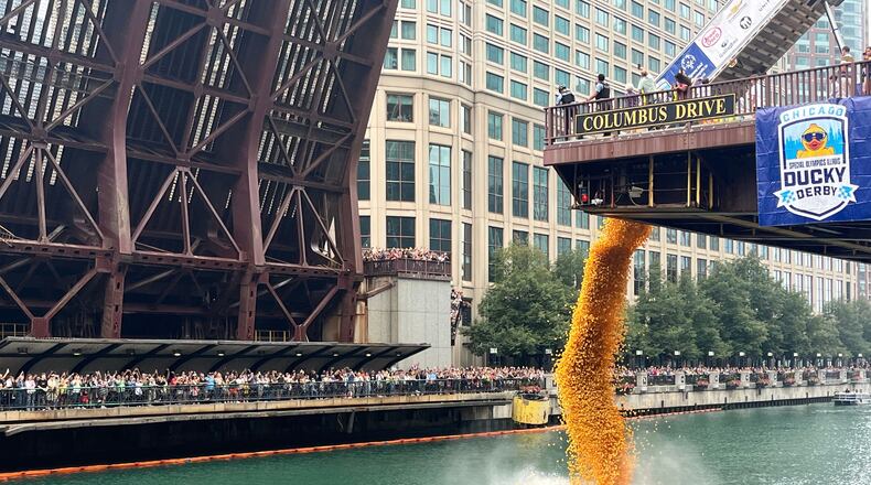 More than 90 thousand rubber ducks are dropped into the Chicago River as part of the annual Chicago Duck Derby for Special Olympics Illinois in Chicago, Thursday, Aug. 6, 2026. (AP Photo/Cybele Mayes-Osterman)