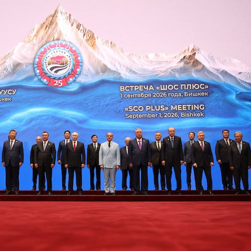 From left, Azerbaijani President Ilham Aliyev, Belarusian President Alexander Lukashenko, SCO Secretary-General Nurlan Yermekbayev, Indian Prime Minister Narendra Modi, Iranian President Masoud Pezeshkian, Kazakh President Kassym-Jomart Tokayev, Chinese President Xi Jinping, Armenian Prime Minister Nikol Pashinyan, Kyrgyz President Sadyr Japarov, Mongolian President Ukhnaa Khurelsukh, Russian President Vladimir Putin, Lao President Thongloun Sisoulith, Pakistani Prime Minister Shehbaz Sharif, Egyptian Deputy Prime Minister Hussein Issa, Tajik President Emomali Rahmon, Collective Security Treaty Organization (CSTO) Secretary General Taalatbek Masadykov, Turkish President Recep Tayyip Erdogan, Secretary General of the Conference on Interaction and Confidence Building Measures in Asia Kairat Sarybay, Uzbek President Shavkat Mirziyoyev, SCO Regional Anti-Terrorist Structure Ularbek Sharsheev and United Nations Secretary-General Antonio Guterres pose for a photo prior to a meeting in the Shanghai Cooperation Organization (SCO) Plus format in Bishkek, Kyrgyzstan Tuesday, Sept. 1, 2026. (Pyotr Kovalev, Sputnik, Kremlin Pool Photo via AP)
