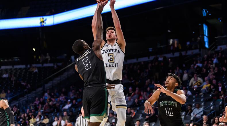 Georgia Tech forward Evan Cole scored a career-high 16 points in the Yellow Jackets' 79-63 win over USC Upstate Wednesday evening at McCamish Pavilion. (Danny Karnik/Georgia Tech Athletics)