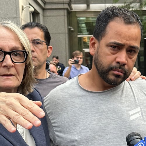 Manuel Hernandez leaves U.S. district court in Manhattan with his lawyer, Amy Gallicchio, on Monday, Aug. 10, 2026, after being charged in the deaths of two people in a boating accident in New York Harbor. (AP Photo/Larry Neumeister)
