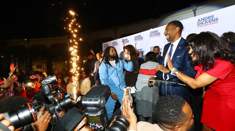 Flares go off as Atlanta Mayor-elect Andre Dickens concludes his victory address at his election night watch party on Tuesday, Nov. 30. Curtis Compton / Curtis.Compton@ajc.com
