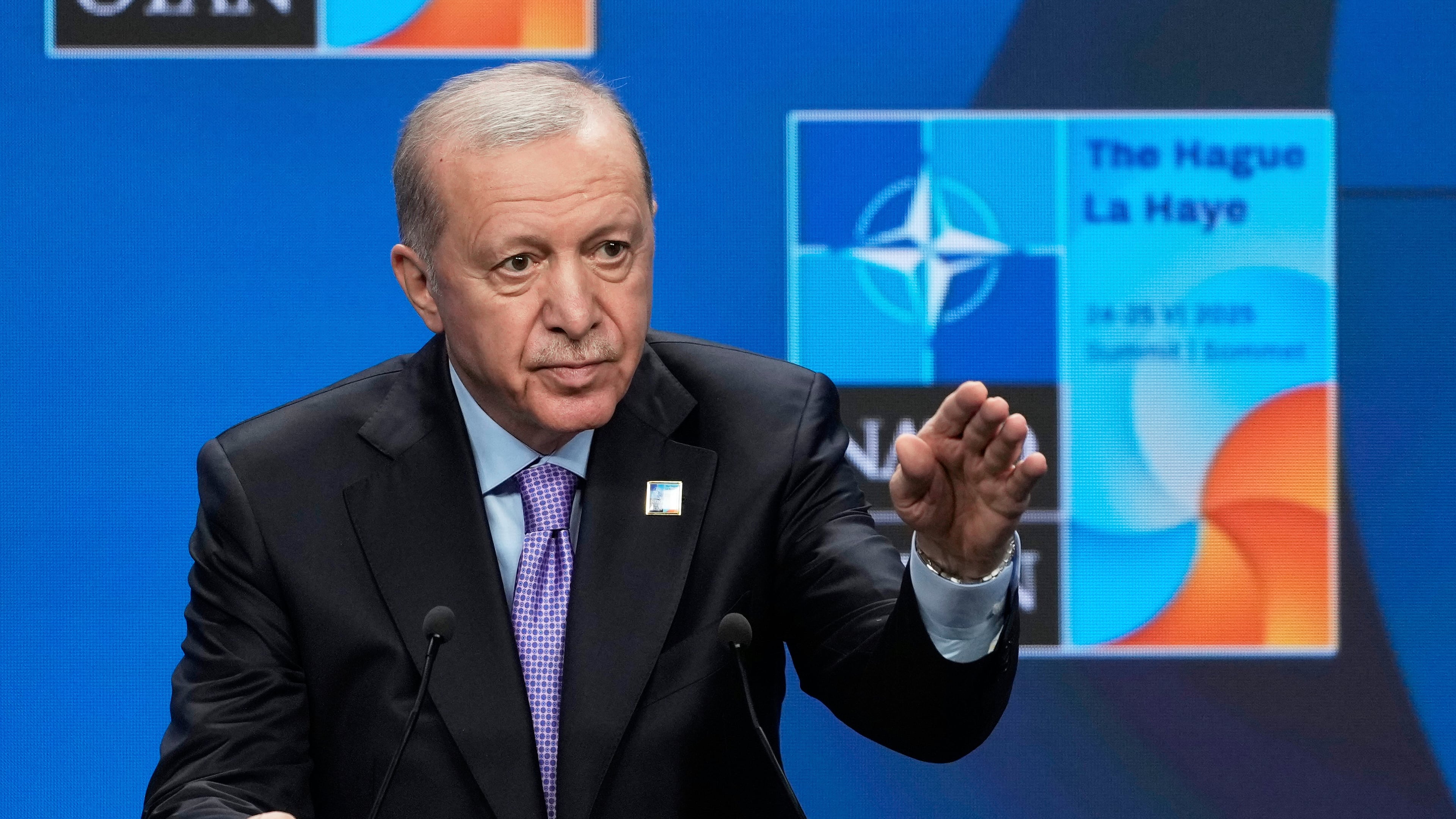 FILE - Turkish President Recep Tayyip Erdogan gestures during a press conference after the plenary session at the NATO summit in The Hague, Netherlands, on June 25, 2025. (AP Photo/Markus Schreiber, File)