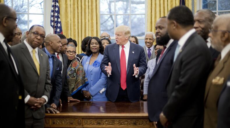 President Donald Trump meets with leaders of Historically Black Colleges and Universities (HBCU) in the Oval Office of the White House in Washington, Monday, Feb. 27, 2017. (AP Photo/Pablo Martinez Monsivais)