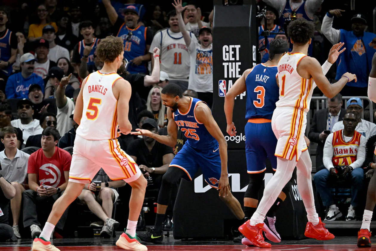 New York Knicks guard/forward Mikal Bridges reacts after dunking the ball during the first half of Game 6 of a first-round NBA playoff series at State Farm Arena on Thursday, April 30, 2026, in Atlanta. (Hyosub Shin/AJC)