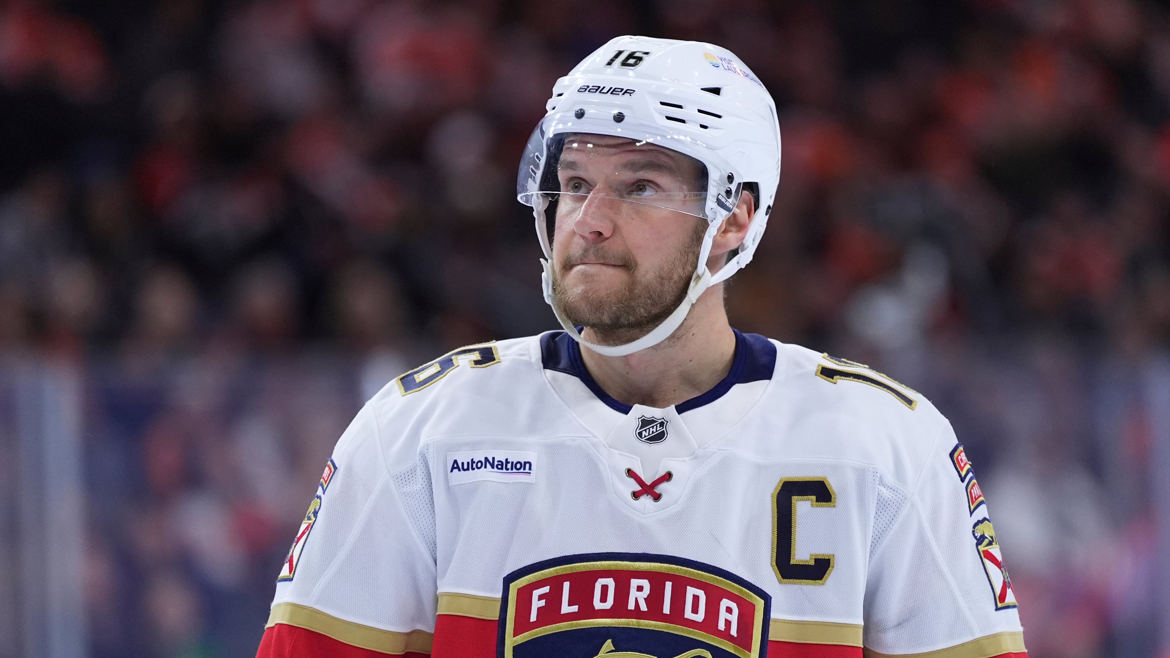FILE - Florida Panthers' Aleksander Barkov looks up during a break in an NHL hockey game, Monday, Jan. 13, 2025, in Philadelphia. (AP Photo/Matt Slocum, File)