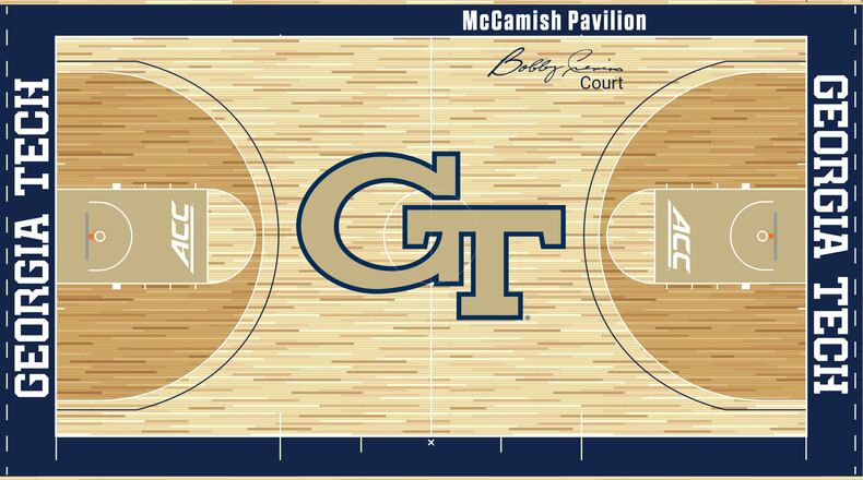 A rendering of the design of the McCamish Pavilion floor,  which has been repainted because the gold sections of the floor on the previous design had a greenish tint on television broadcasts. (Georgia Tech Athletics/Praters Flooring)