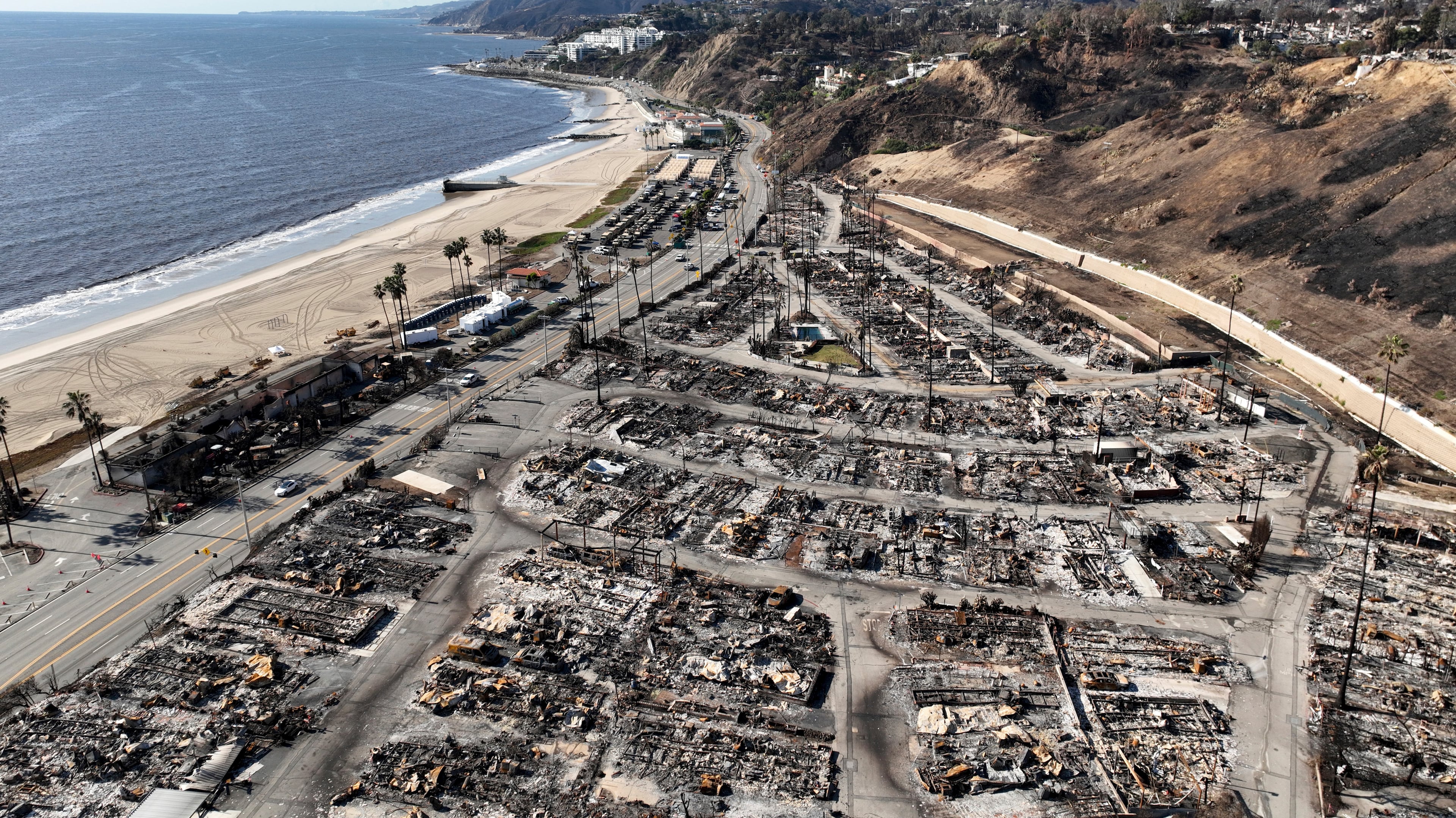 FILE - An aerial view shows the devastation left by the Palisades Fire in the Pacific Palisades section of Los Angeles, Jan. 27, 2025. (AP Photo/Jae C. Hong, file)