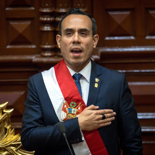 Peru's former president of the Congress Jose Jeri, sings the national anthem after being sworn-in as the interim president in Lima, Peru, Friday, Oct. 10, 2025. (AP Photo/John Reyes)