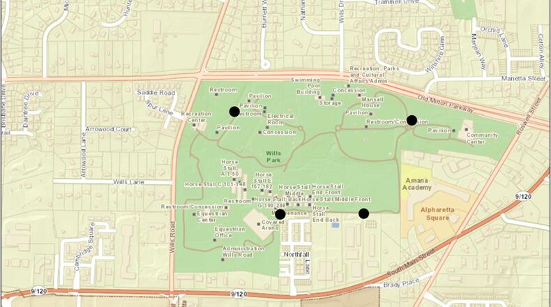 Map shows the location of four emergency call boxes to be installed in Wills Park, Alpharetta. The devices also are planned for Webb Bridge and North parks. CITY OF ALPHARETTA