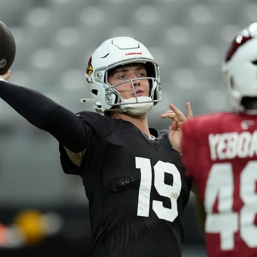 Arizona Cardinals quarterback Carson Beck throws during practice at the NFL football team's training camp, Sunday, Aug. 2, 2026, in Glendale, Ariz. (AP Photo/Ross D. Franklin)