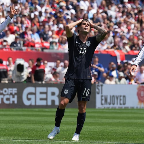 United States forward Christian Pulisic, right, reacts after a missed a shot as Germany forward Leroy Sané celebrates during the first half of an international friendly soccer match in Chicago, Saturday, June 6, 2026. (AP Photo/Nam Y. Huh)