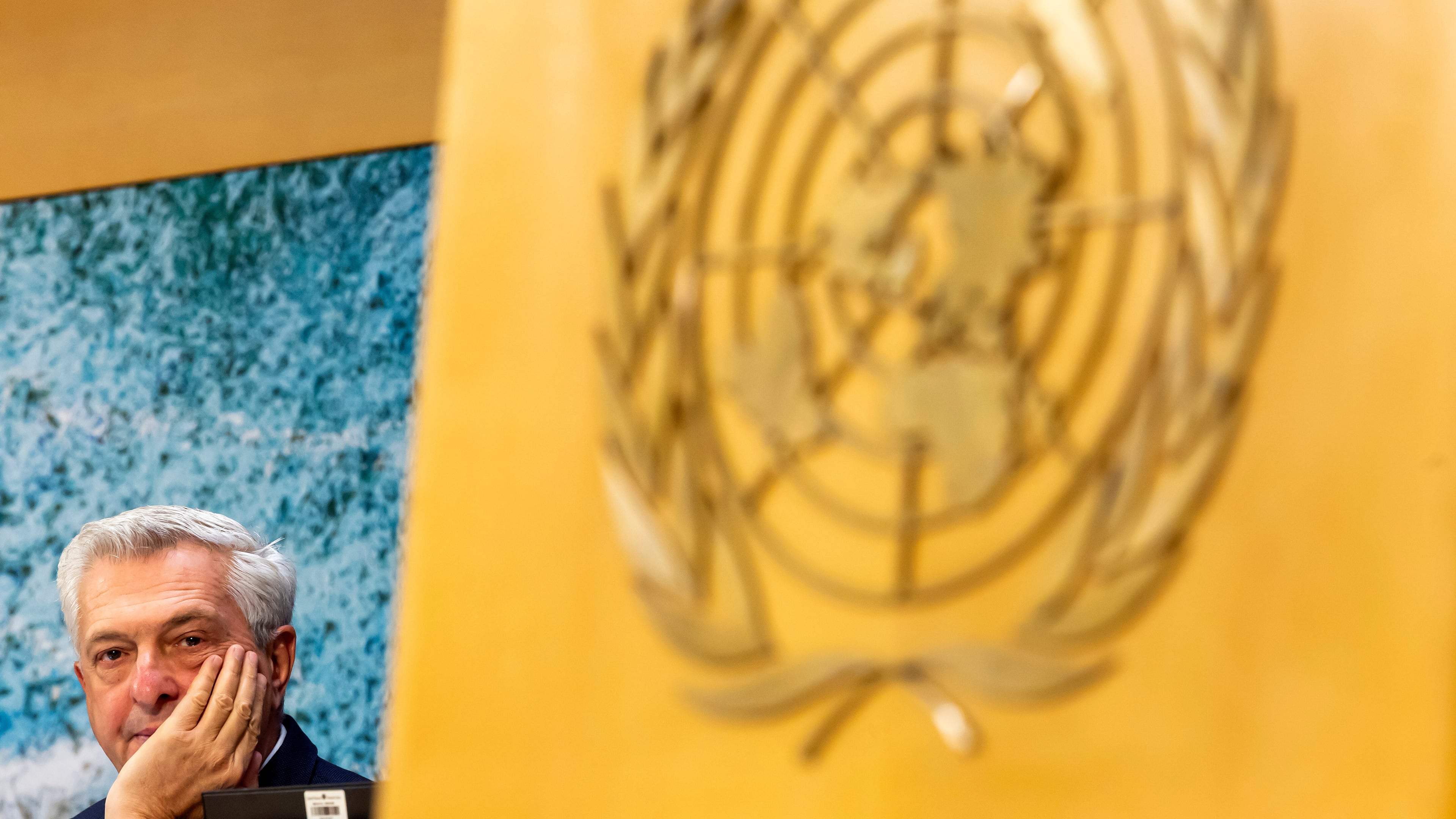 Filippo Grandi, UN High Commissioner for Refugees (UNHCR), attends UNHCR's 76th annual Executive Committee meeting at the European headquarters of the United Nations in Geneva, Switzerland, Monday, Oct. 6, 2025. (Salvatore Di Nolfi/Keystone via AP)