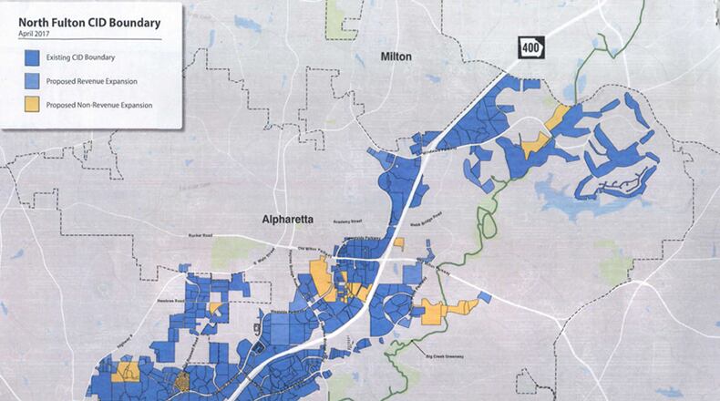 A map shows the North Fulton Community Improvement District in Roswell, Milton and Alpharetta and where it plans to expand. CITY OF ROSWELL