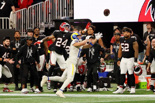 Falcons cornerback A.J. Terrell Jr. wins the battle against Rams receiver Puka Nacua.