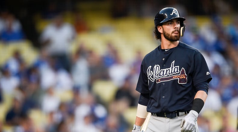 Atlanta Braves' Dansby Swanson in action during the second inning of a baseball game against the Los Angeles Dodgers in Los Angeles, Friday, July 21, 2017. (AP Photo/Kelvin Kuo)