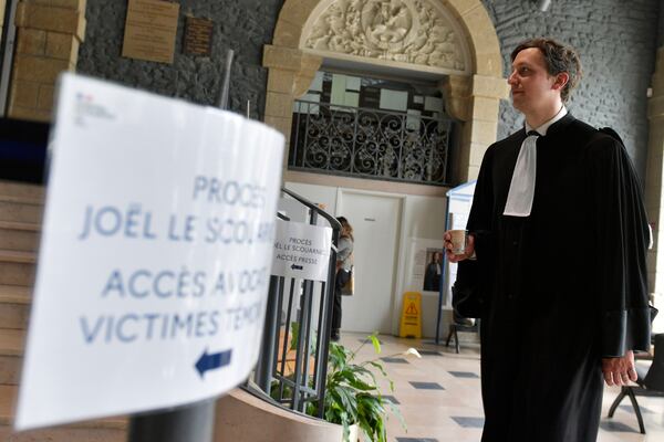 Joel Le Scouarnec's lawyer Maxime Tessier, arrives for the verdict of the a 74-year-old former surgeon, accused of raping and sexually assaulting 299 children, Wednesday, May 28, 2025 in Vannes, Brittany, western France. (AP Photo/Mathieu Pattier)