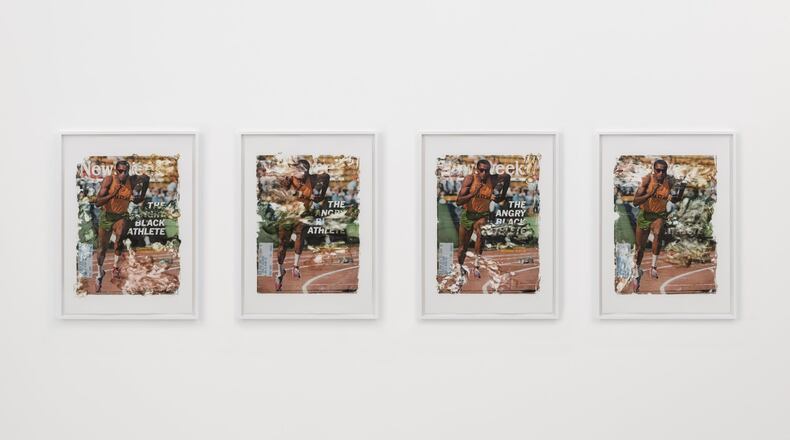 Artist Glenn Kaino’s “Studies for 19.83, 2013” examines sprinter Tommie Smith’s treatment in the media after his gesture of protest at the 1968 Summer Olympic Games. CONTRIBUTED BY THE ARTIST AND KAVI GUPTA GALLERY, CHICAGO