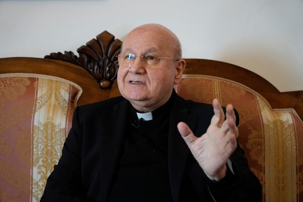 Bishop Domenico Sorrentino speaks during an interview in Assisi, Italy, on Saturday, March 1, 2025. (AP Photo/Gregorio Borgia)