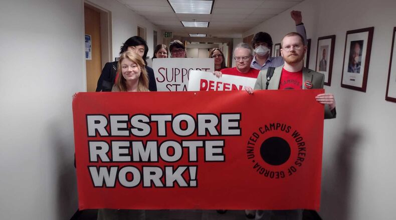 David Zackrone Hyde (far right) and other members of the United Campus Workers of Georgia conduct a walkout during a Georgia Board of Regents meeting in February. (Courtesy)