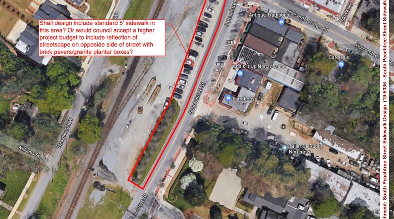 Norcross will proceed with design for a standard 5-foot wide sidewalk on the northwest side of South Peachtree Street. (Courtesy City of Norcross)