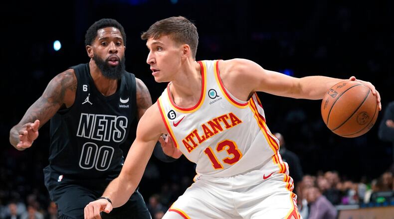 Hawks guard Bogdan Bogdanovic was added to the team's injury report Monday afternoon. (AP Photo/Mary Altaffer)