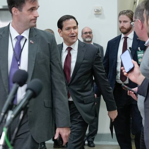 Secretary of State Marco Rubio, center, arrives to brief lawmakers on the U.S. military strikes on alleged drug boats ordered by President Donald Trump, on Capitol Hill, Wednesday, Nov. 5, 2025, in Washington. (AP Photo/Mariam Zuhaib)