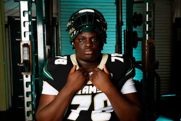 Grayson offensive lineman Jordan Agbanoma, a Nebraska commit and AJC Varsity Super 11 selection. (Miguel Martinez/AJC)