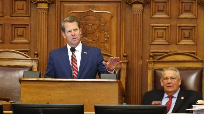 Governor Brian Kemp speaks in the House of Representatives at the Georgia State Capitol on April 2, the final day of the 2019 legislature. EMILY HANEY / emily.haney@ajc.com