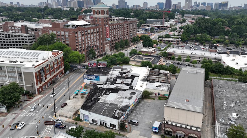 An aerial photograph shows a piece of Beltline-adjacent building (lower right), where 8ARM and former Paris on Ponce are located, on Ponce de Leon in Atlanta on Tuesday, June 28, 2022. (Hyosub Shin / Hyosub.Shin@ajc.com)