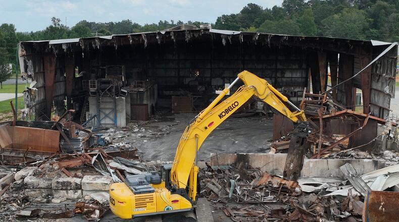 Aerial photo shows the remnants of Metro Site’s recycling facility that burned down in July 2023 in Commerce. (Hyosub Shin / Hyosub.Shin@ajc.com)