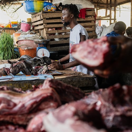 Guyva Mputu, a vendor at the Masina market, displays bushmeat for sale in Kinshasa, Congo, Thursday, April 9, 2026. (AP Photo/Samy Ntumba Shambuyi)