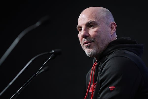 Vancouver Canucks head coach Rick Tocchet speaks during the NHL hockey team's end of season news conference, in Vancouver, B.C., Friday, April 18, 2025. (Darryl Dyck /The Canadian Press via AP)