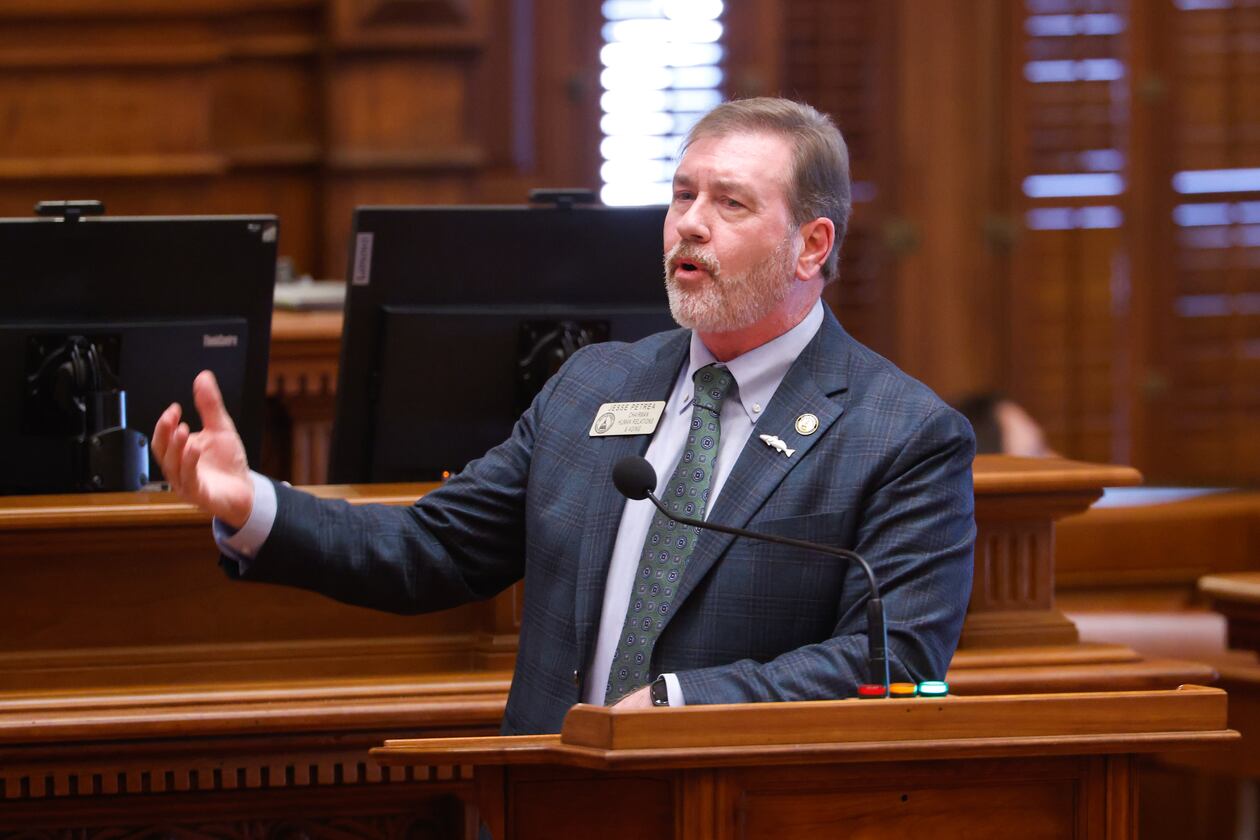 State Rep. Jesse Petrea, R-Savannah, speaks in favor of HB 295 in the House of Representatives at the Capitol in Atlanta on Wednesday, March 4, 2026. The bill allows businesses to sue for loss of property if cities don't enforce homelessness and immigration policies. (Arvin Temkar/AJC)