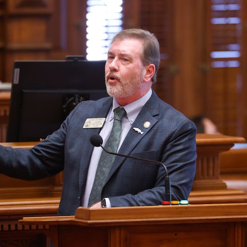 State Rep. Jesse Petrea, R-Savannah, speaks in favor of HB 295 in the House of Representatives at the Capitol in Atlanta on Wednesday, March 4, 2026. The bill allows businesses to sue for loss of property if cities don't enforce homelessness and immigration policies. (Arvin Temkar/AJC)