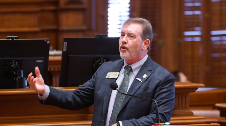 State Rep. Jesse Petrea, R-Savannah, speaks in favor of HB 295 in the House of Representatives at the Capitol in Atlanta on Wednesday, March 4, 2026. The bill allows businesses to sue for loss of property if cities don't enforce homelessness and immigration policies. (Arvin Temkar/AJC)