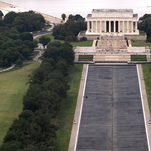 The Lincoln Memorial Reflecting Pool is seen from the Washington Monument, Friday, July 31, 2026, in Washington. (AP Photo/Mark Schiefelbein)