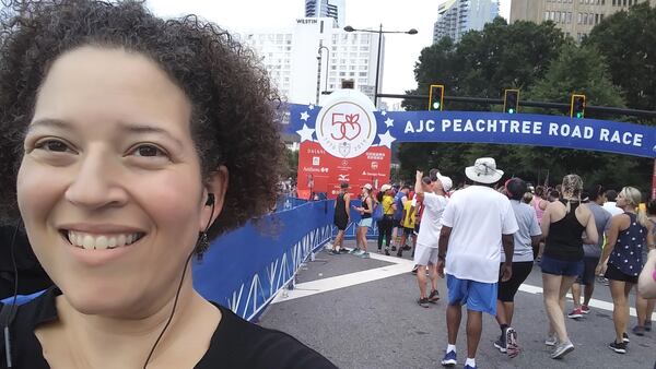 Longtime racer Laura Jones at the 50th running of the Peachtree in 2019.