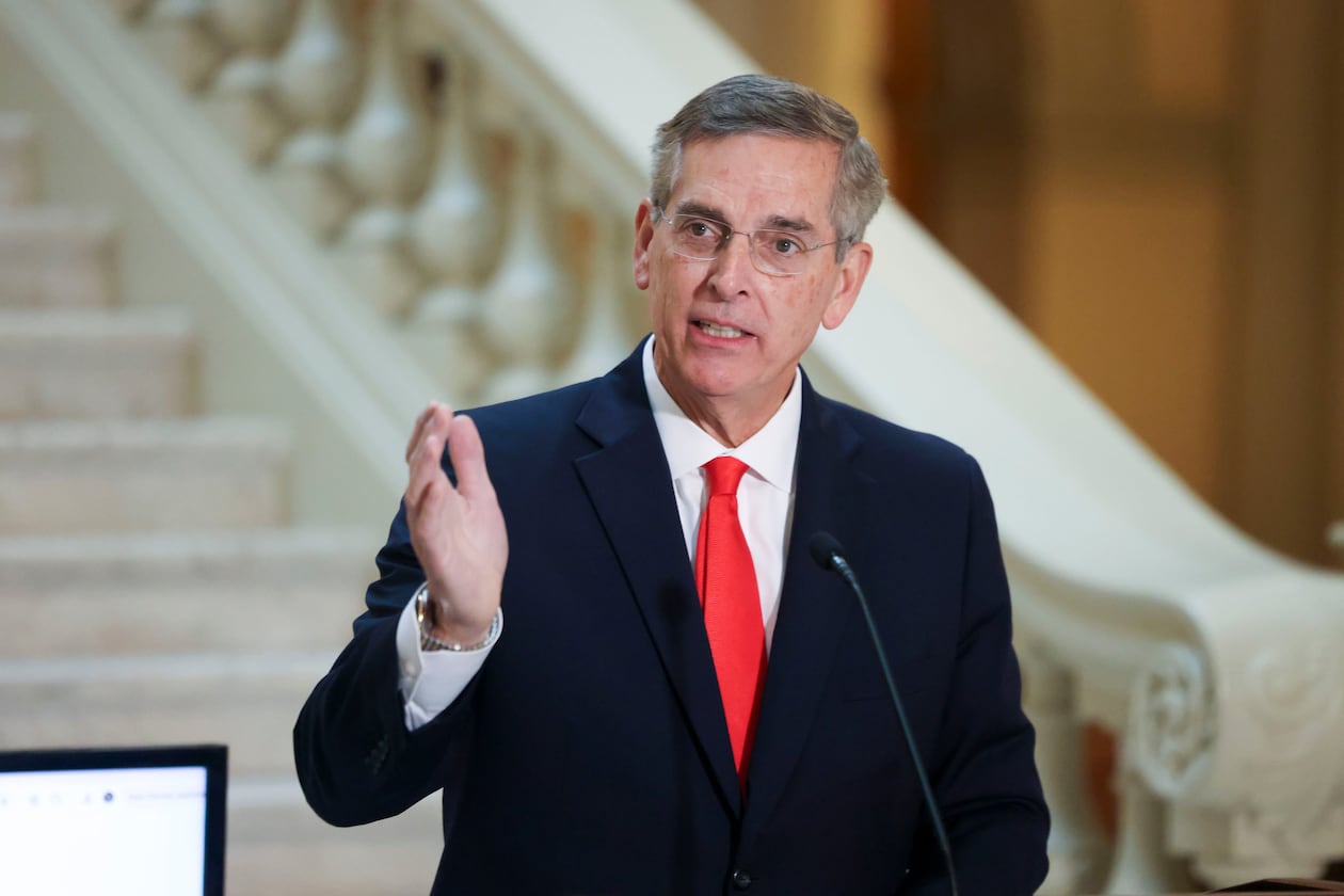 Secretary of State Brad Raffensperger is the latest Georgia politician to challenge the state's campaign finance laws. He says the laws give rival Lt. Gov. Burt Jones an illegal advantage as they campaign for the Republican nomination for governor. (Jason Getz/AJC).